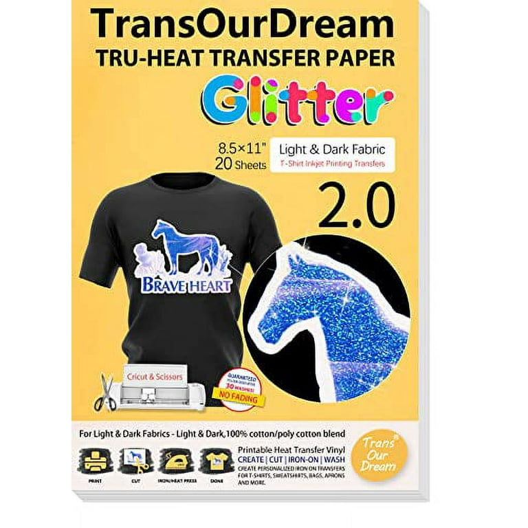 TransOurDream Glitter 2.0 Iron on Heat Transfer Paper for T Shirts (20 Sheets, 8.5x11'') Printable Heat Transfer Vinyl for Inkjet Printer Iron-On