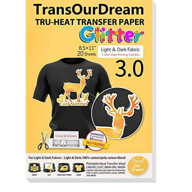 TransOurDream Glitter 3.0 Iron on Heat Transfer Paper for T Shirts (20 Sheets, 8.5x11