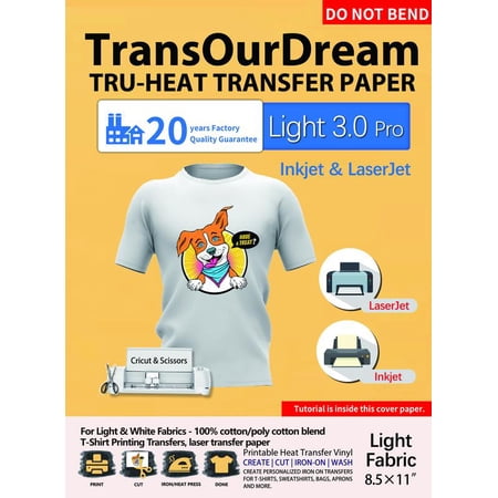 TransOurDream Heat Transfer Paper for Light Fabrics, Laserjet & Inkjet Printable, 8.5x11", 15 Sheets Iron on Vinyl Transfers