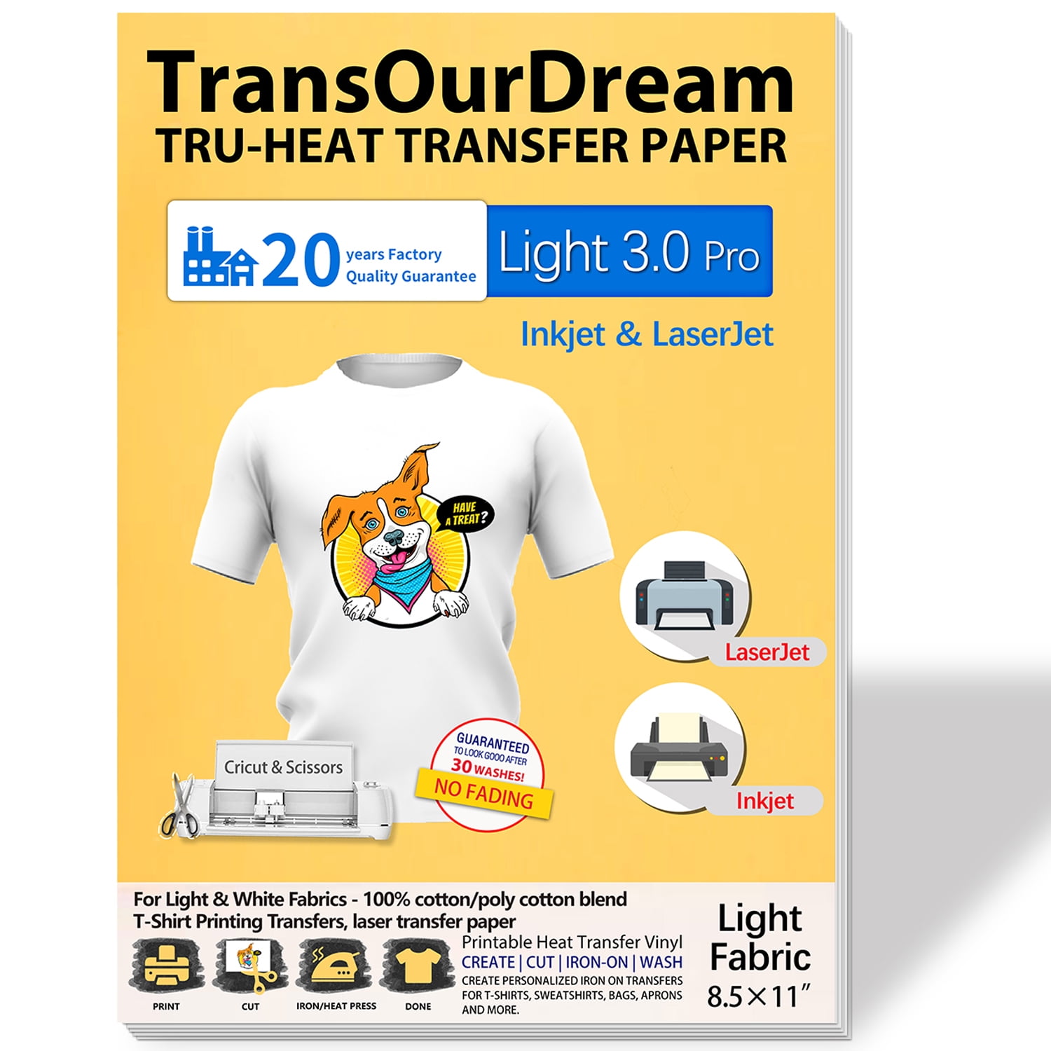 TransOurDream Heat Transfer Paper for Light Fabrics, Laserjet & Inkjet  Printable, 8.5x11, 15 Sheets Iron on Vinyl Transfers