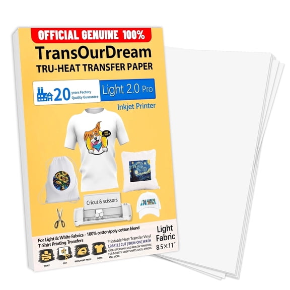 TransOurDream Heat Transfer Paper for Light Shirts(25 Sheets, 8.5x11),Printable HTV Heat Transfer Vinyl for Inkjet Printers