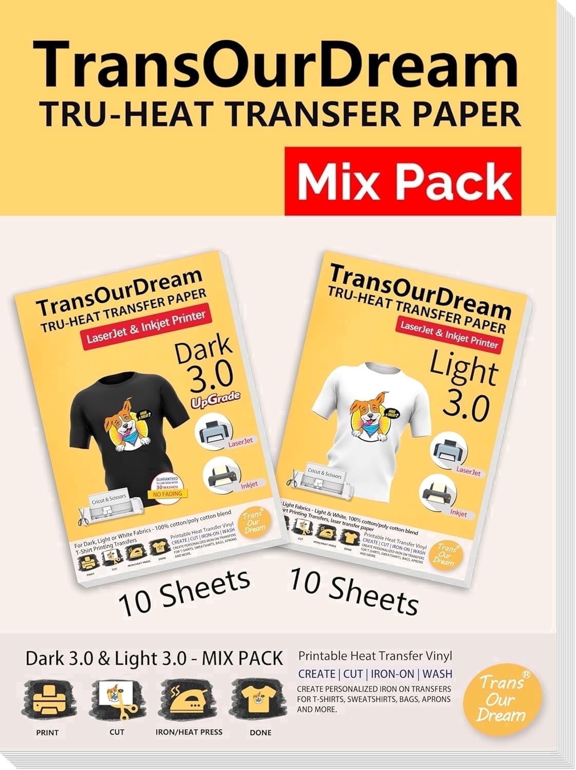 TransOurDream Iron on Heat Transfer Paper for Dark and Light T Shirts (10+10 Sheets, 8.5x11, Mix Pack) Printable Heat Transfers Vinyl for Laserjet & Inkjet Printers (D3L3)