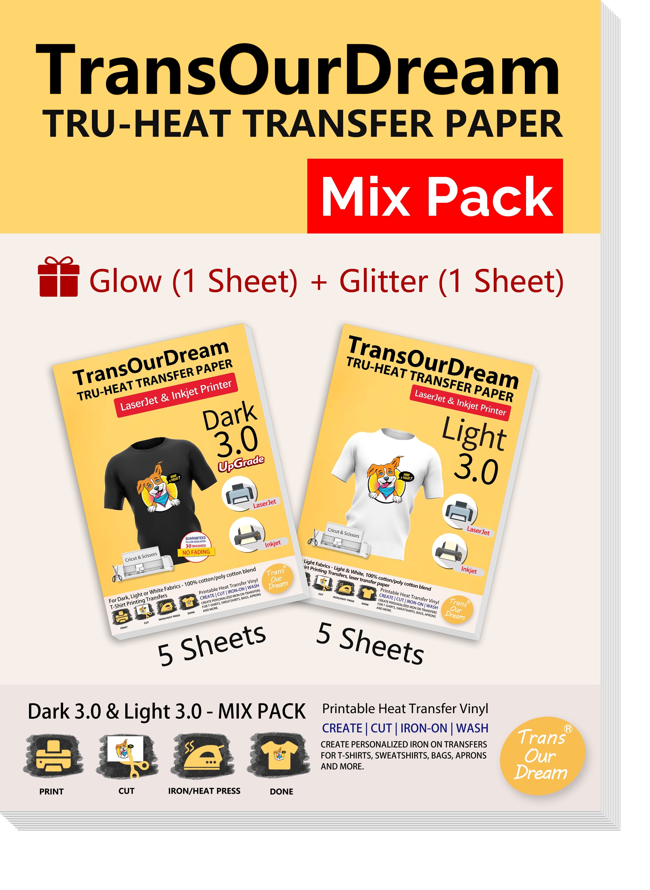 TransOurDream Iron on Heat Transfer Paper for Dark and Light T Shirts (Mixed Pack, 12 Sheets, 8.5x11") Printable HTV Heat Transfers Vinyl for Laserjet & Inkjet Printers (D3L3)