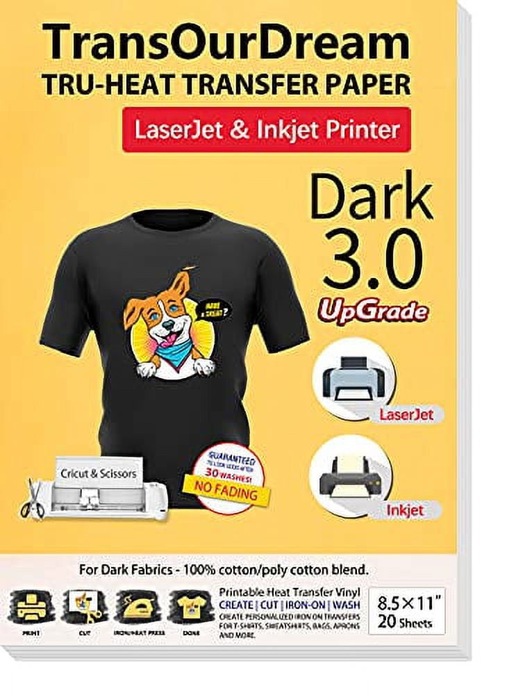 TransOurDream Iron on Heat Transfer Paper for Dark T Shirts (20 Sheets  8.5x11, Dark 3.0) Printable HTV Heat Transfer Vinyl for Inkjet & Laserjet  Printer Iron On transfers for T Shirts (TRANS-D3-20) 