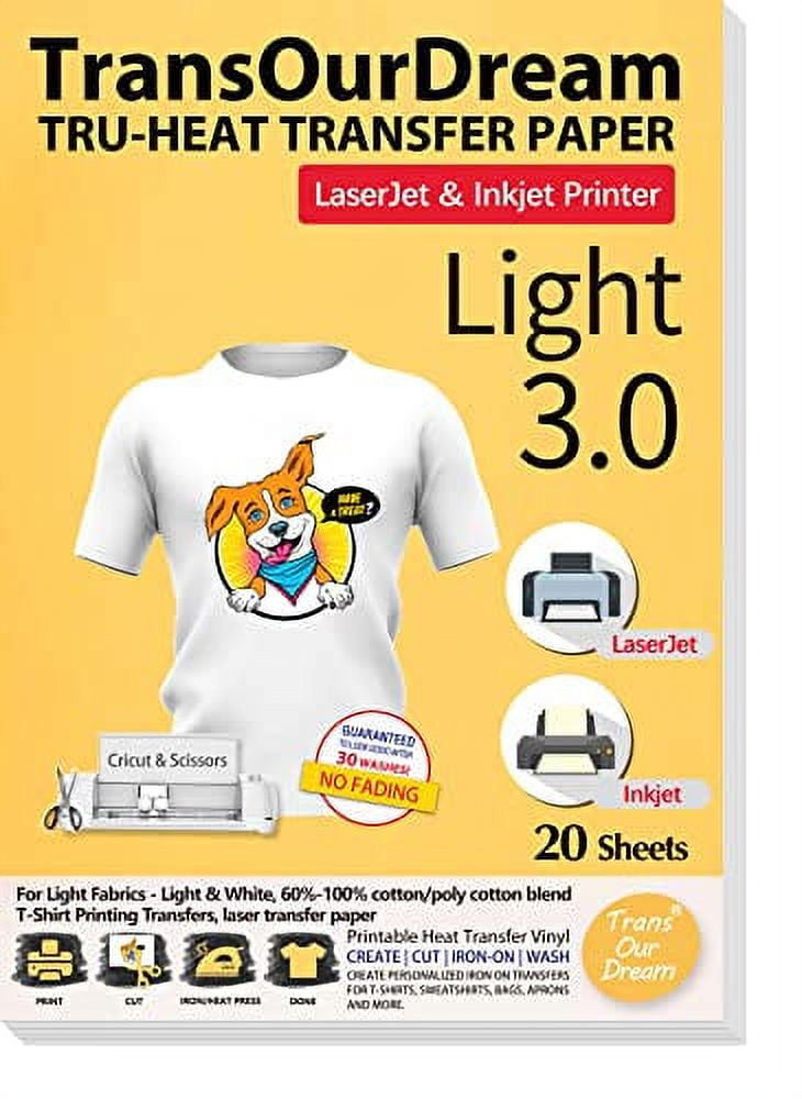 TransOurDream Iron on Heat Transfer Paper for Light T Shirts (20 Sheets  8.5x11, 3.0) Printable HTV Heat Transfer Vinyl for Inkjet & Laserjet  Printer Iron On transfers for T Shirts (TRANS-L3-1-20) 