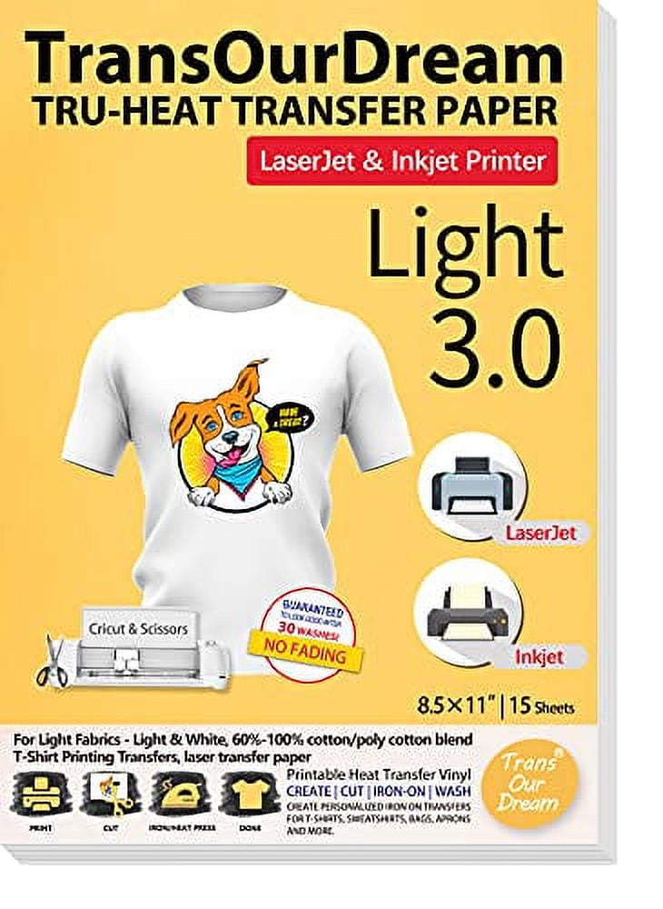 Light 2.0 - 15 Sheets) - TransOurDream Tru-Iron on Heat Transfer Paper for  Light Fabric (15 Sheets, 22cm x 28cm ) Iron-on Transfers Paper for White  and Li