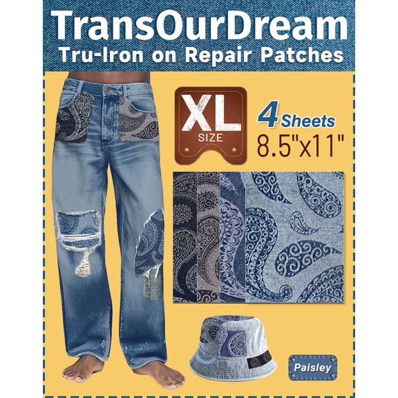TransOurDream Iron on Denim Patches with Paisley(8.5x11”, 2 Colors, 4Pcs)