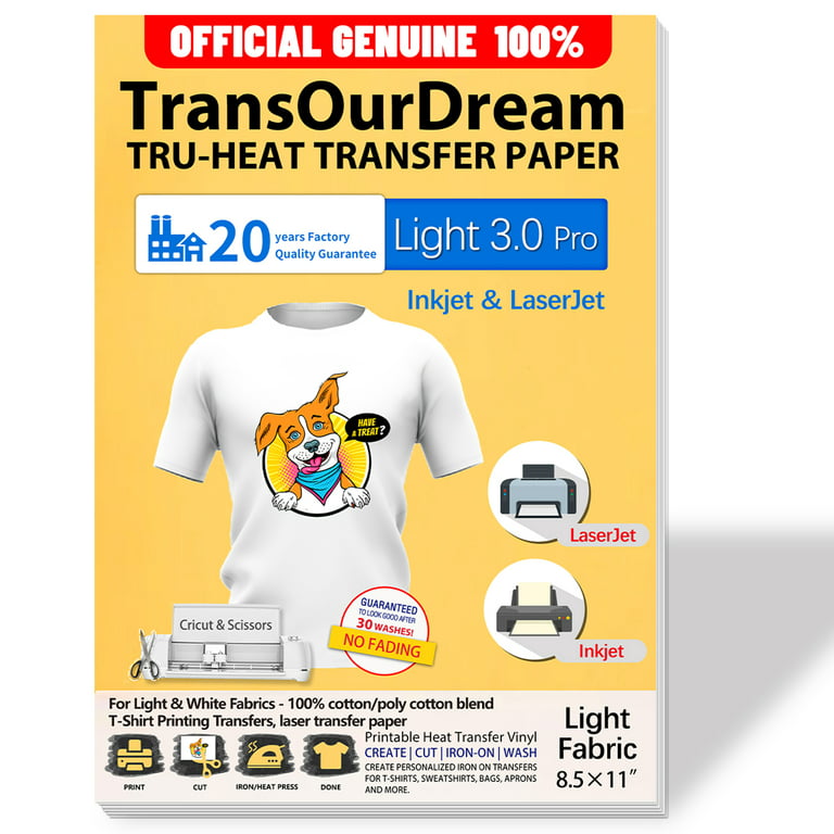 TransOurDream Iron on Heat Transfer Paper for Laser & Inkjet Printer, 8.5x11 inch, 20 Sheets for Light & White T-Shirts, Size: 8.5 x 11