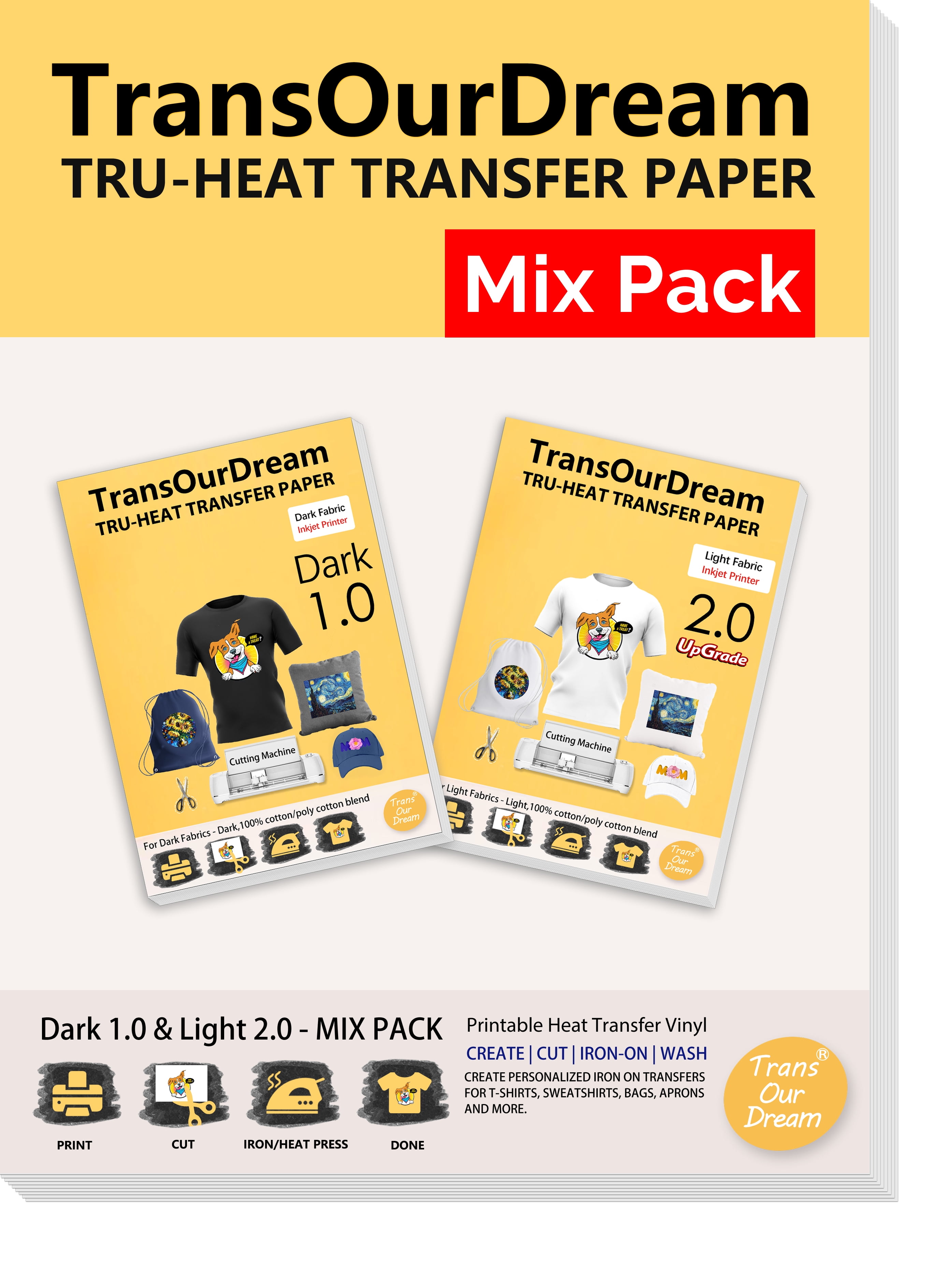 TransOurDream Printable Heat Transfer Paper for Dark and Light T Shirts (10+10+2 Sheets, 8.5x11", Mix Pack) Iron on HTV Vinyl Transfers Paper for Inkjet Printers (D1L2)