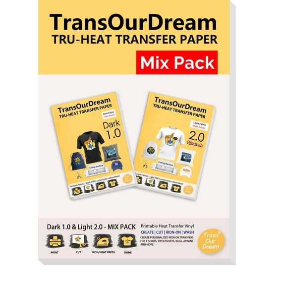 TransOurDream Printable Heat Transfer Paper for Dark and Light T Shirts (10+10+2 Sheets, 8.5x11", Mix Pack) Iron on HTV Vinyl Transfers Paper for Inkjet Printers (D1L2)