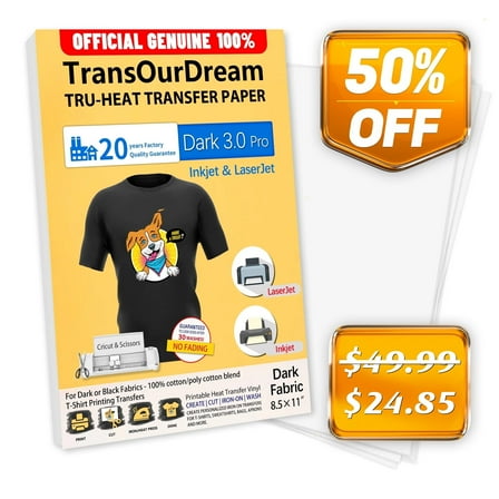 TransOurDream Printable Iron on Heat Transfer Paper for Dark Fabrics, Laser & Inkjet Printable, 8.5x11", 20 Heat Transfers