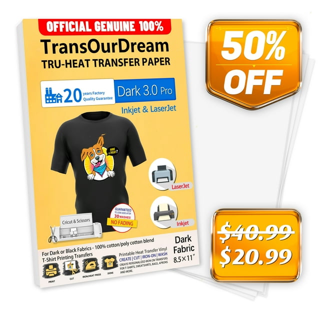 "TransOurDream TruTransfer Dark Pro Heat Transfer Paper, 20 Sheets, 8