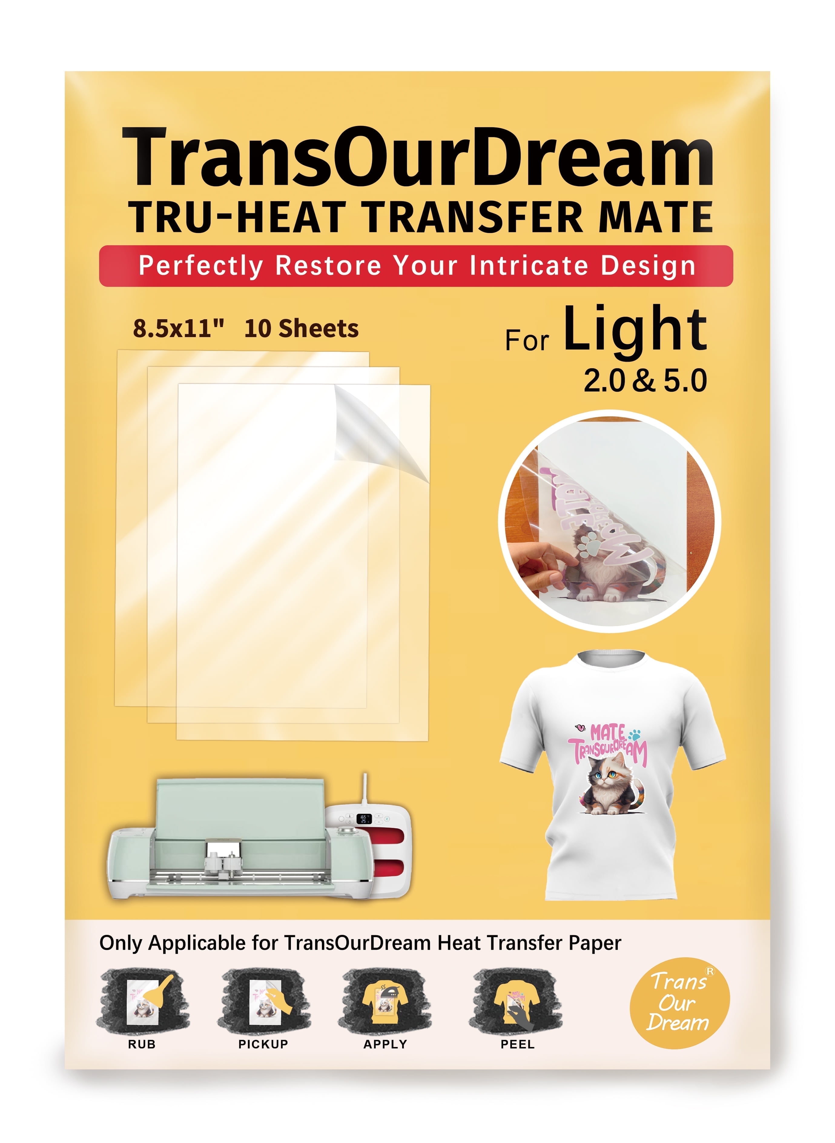 TransOurDream Tru-Heat Transfer Mate for Light T Shirts Transfer Paper (10 sheets, 8.5"x11") Clear Iron on Transfer Tape for Printable HTV Vinyl (TAPL-10)