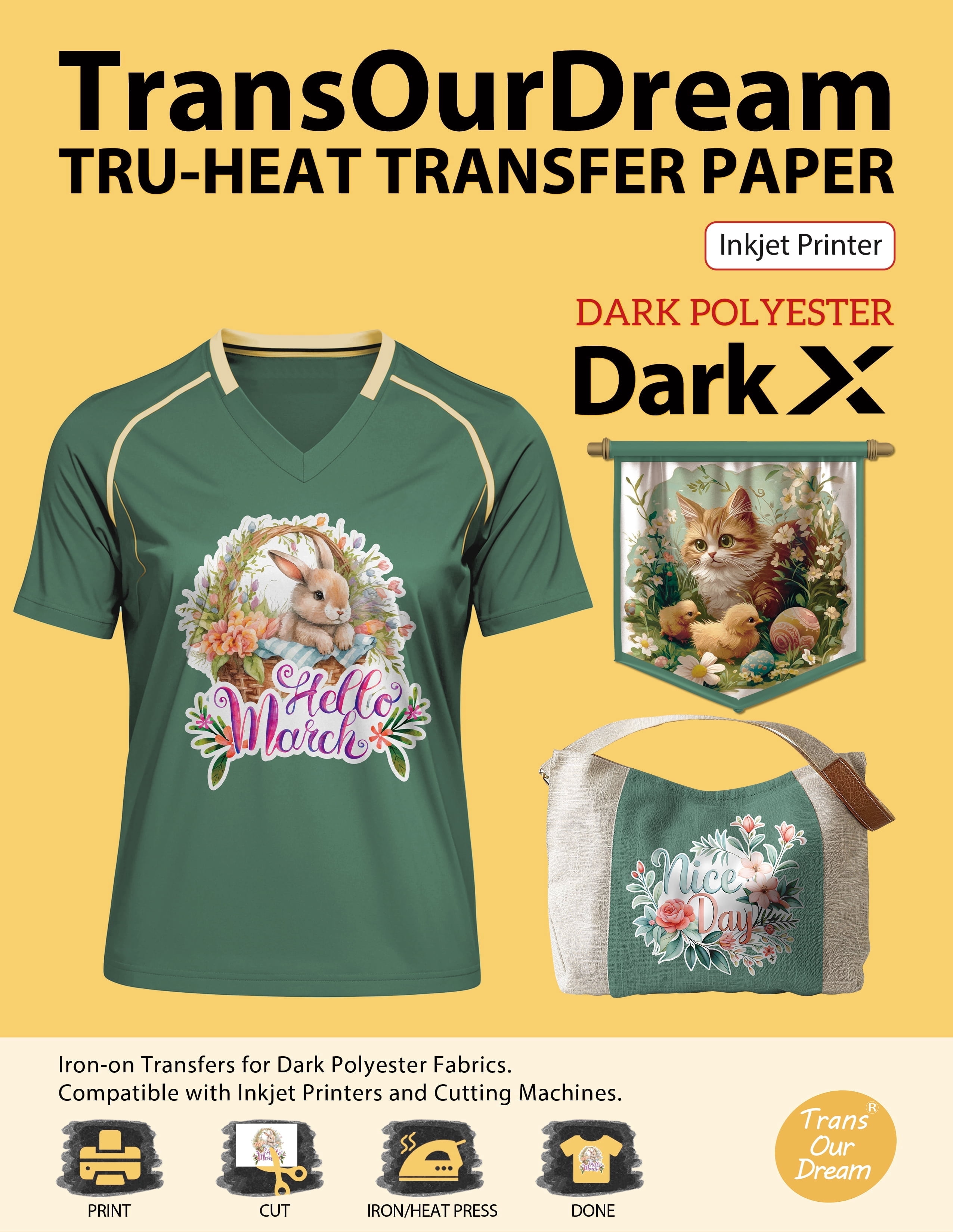 TransOurDream Tru-Heat Transfer Paper for Dark Polyester Fabrics (Dark X, 8.5"x11", 10 Sheets) Printable Iron on Heat Transfer Vinyl for Inkjet Printer