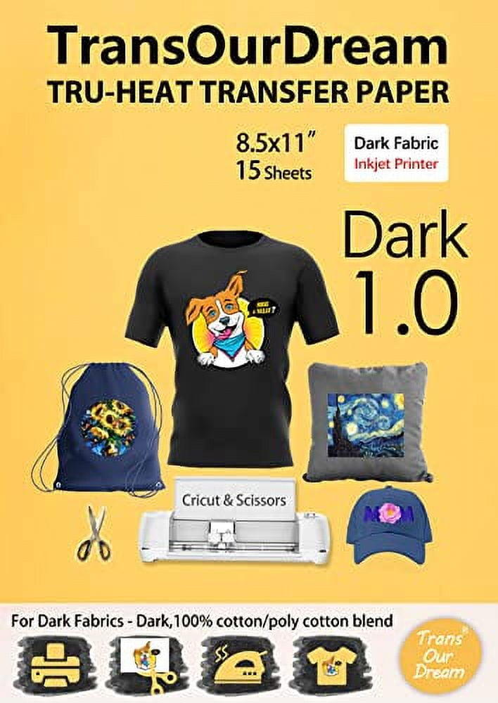 TransOurDream Tru-Iron on Heat Transfer Paper for Dark Fabric (15 Sheets,  8.5x11) T Shirt Transfers Paper for Inkjet Printer Printable Heat Transfer  Vinyl for T-Shirts (TOD-7-15) 