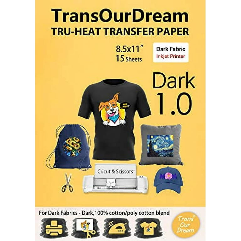 TransOurDream TransOurDream Tru-Iron on Heat Transfer Paper for Dark Fabric  (15 Sheets, 8.5x11) T Shirt Transfers Paper for Inkjet Printer Printable  Heat Transfer Vinyl for T-Shirt (TOD-7-15)