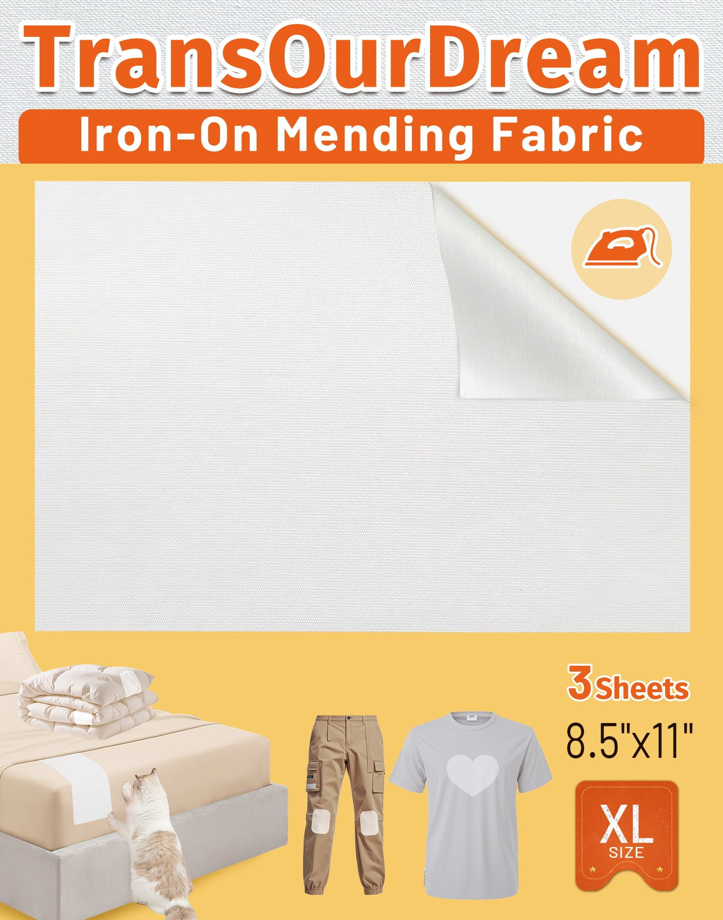 TransOurDream Tru-White Iron on Fabric Patches for Clothes, Extra Large Iron on Repair Patch for Clothing, Jeans, Sheets, Duvet Cover, Curtains&Sofa, Inside Use Fabric Patch,No Sewing(3Pcs, 8.5"x11")