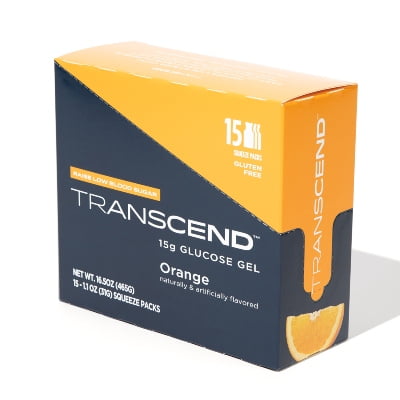 Transcend Glucose Gel Packs - Orange, 15 Pack (1.1oz Each) - 15g, Made in USA