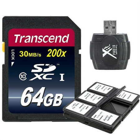 Transcend SDXC 64GB Class 10 SD Memory Card + SD Reader + Card Organizer BUNDLE