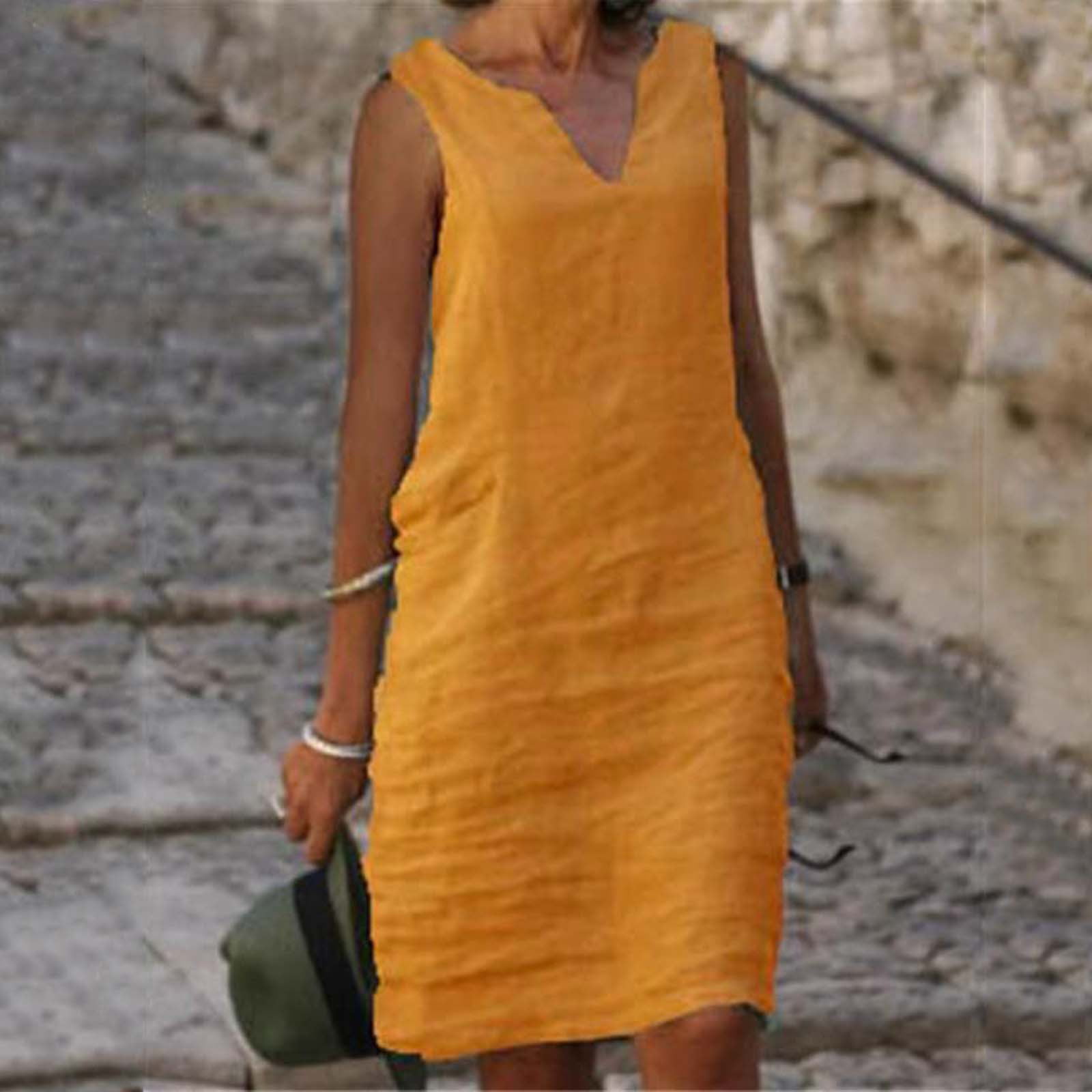 Transer Dresses for Women 2023 Deals Women's Cotton Linen Dress Sleeveless  Shift Dress V Neck Casual Tank Dress Summer Midi Dresses 