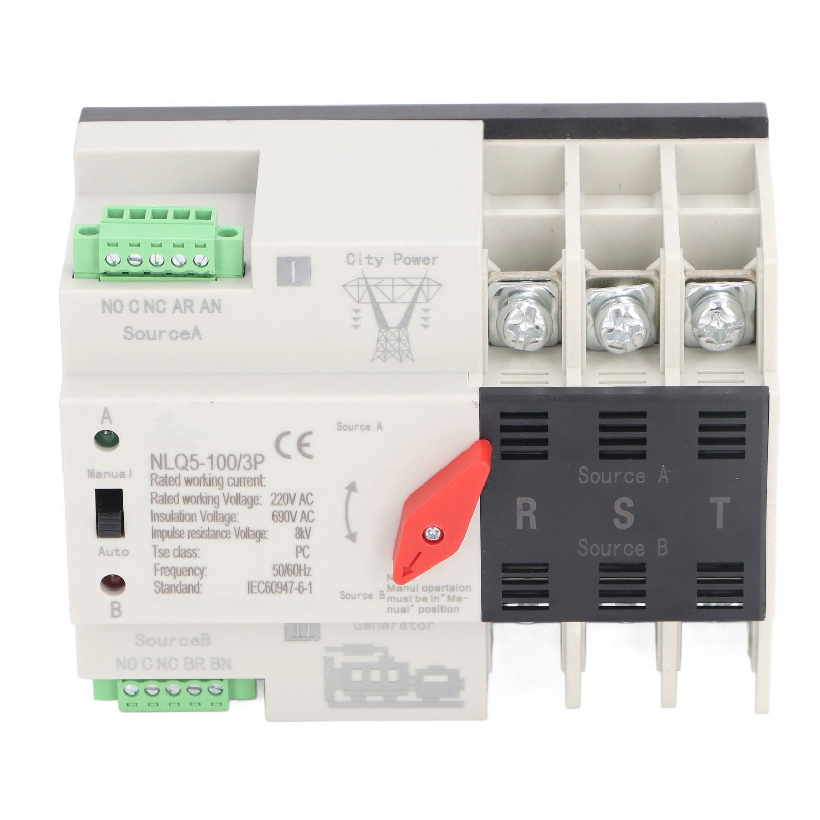 Transfer Switch, Dual Power Automatic Transfer Switch 3P Millisecond Fast Switching Timing Controller AC220V Rail Type ATS Mains to Motor (63A)