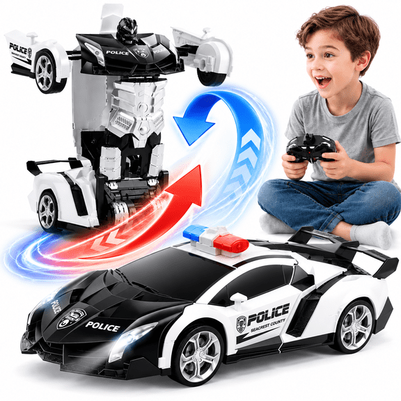 Anpro Remote Control Car for Kids, RC Transform Robot Car Toy, 1:18 Rechargeable Race Car, 2.4Ghz RC Cars for Boys Girls 3-12, White