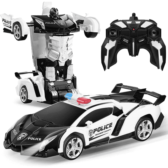Gemeer RC Transform Car Toy, 2.4Ghz Remote Control Transform Car Robot Toy, 1:18 Scale One-Button Deformation Race Car Toys for Boys Girls Ages 4-12, White