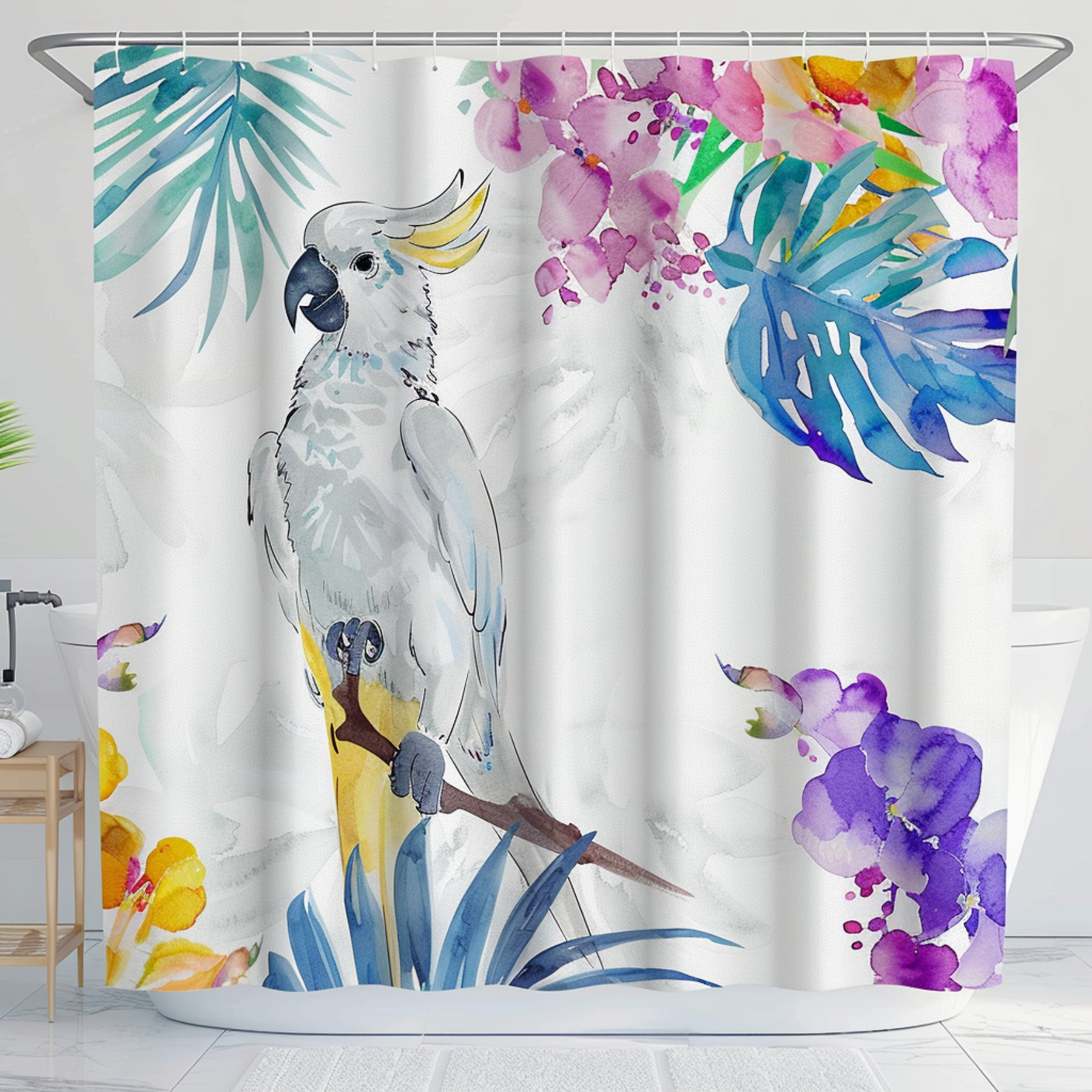 Transform Your Bathroom into a Boho Paradise with our Tropical White Cockatoo Shower Curtain