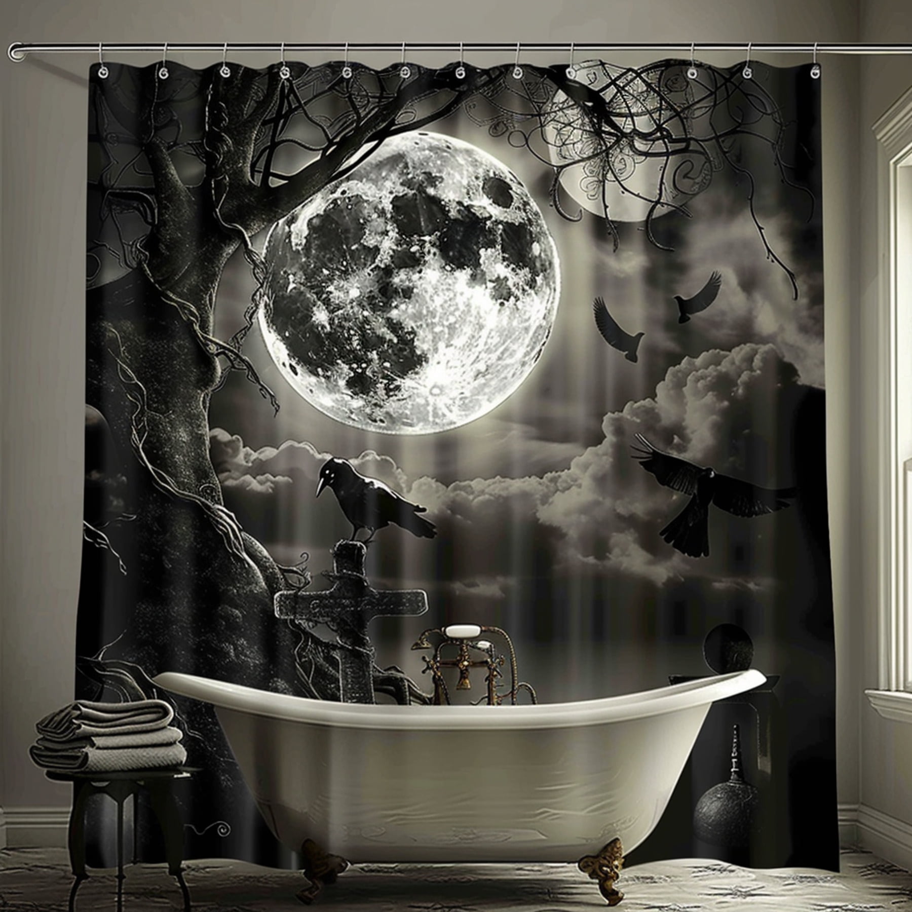 Transform Your Bathroom into a Gothic Fantasy with our Full Moon and Crow Shower Curtain Unique