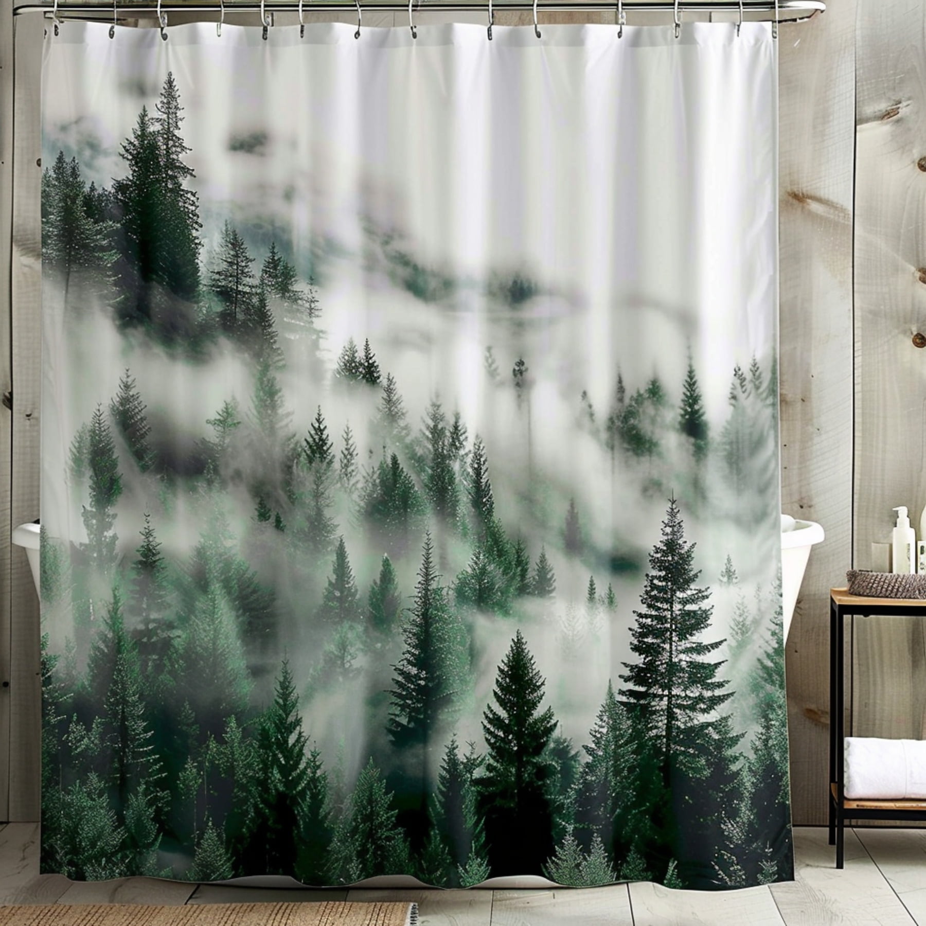 Transform Your Bathroom into a Mystical Pine Forest Oasis with Our Foggy Forest Shower Curtain A