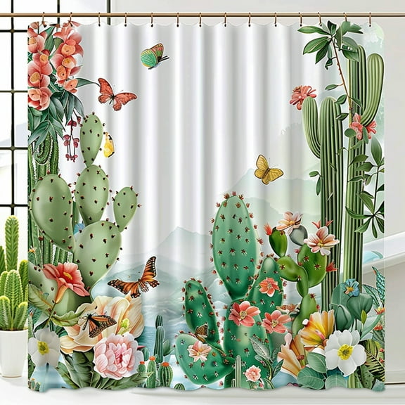 Transform Your Bathroom into a Tropical Oasis with our HyperRealistic Cactus and Butterfly Shower Curtain Elevate Your Space Today