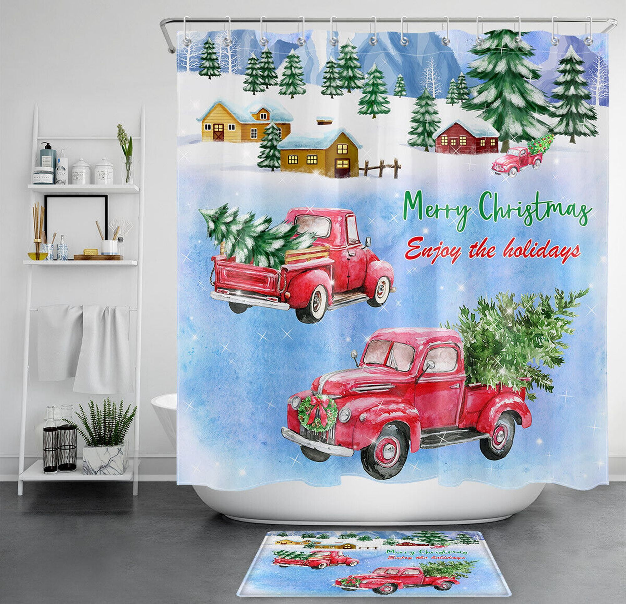 Transform Your Bathroom into a Winter Wonderland with a Vintage Red Truck Christmas Shower