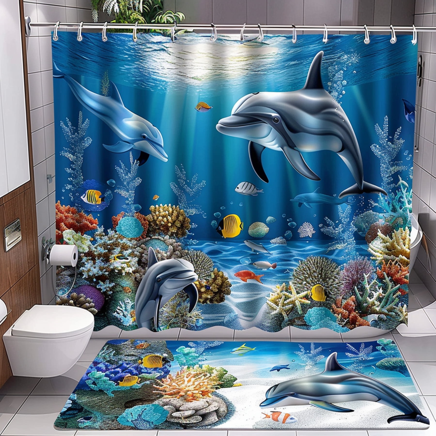 Transform Your Bathroom into an Underwater Paradise with Ocean Dolphins Shower Curtain Set Dive