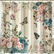 Transform Your Bathroom with Elegance: Couture Rose & Butterfly Lace Shower Curtain Vintage Style Design with Pastel Colors