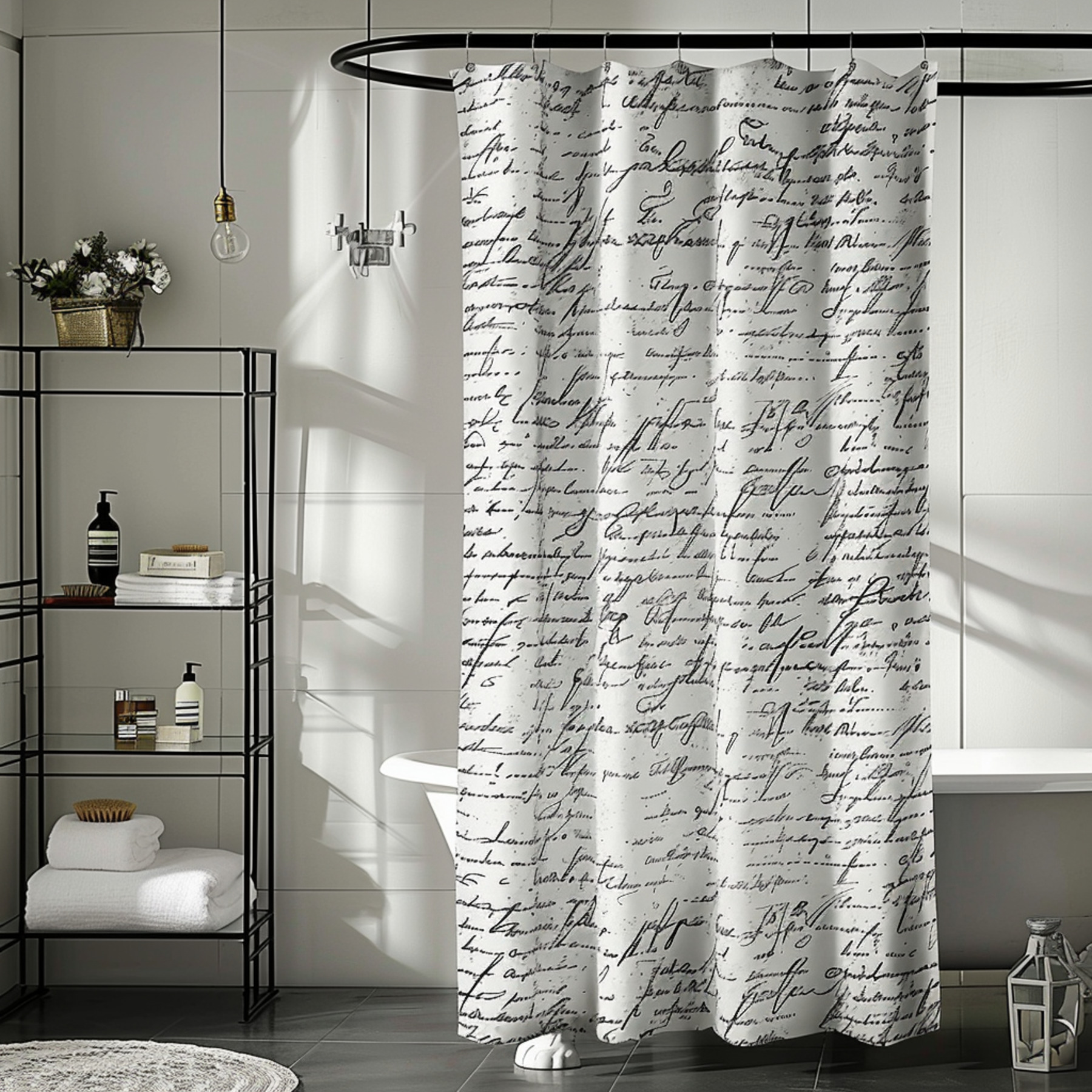 Transform Your Bathroom with Elegant French Script Shower Curtain Stand