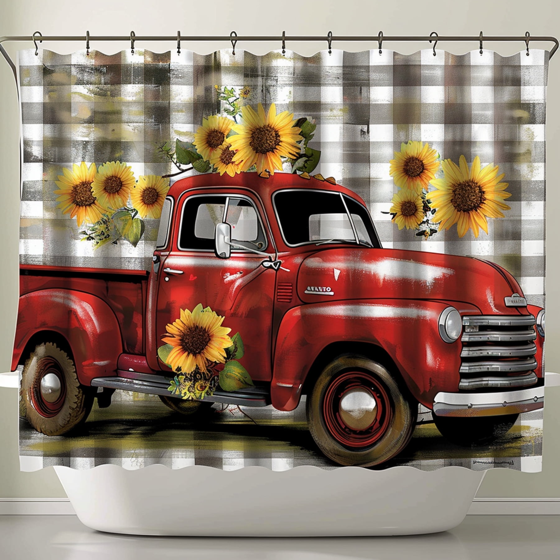 Transform Your Bathroom with Our Rustic Red Truck Shower Curtain Set