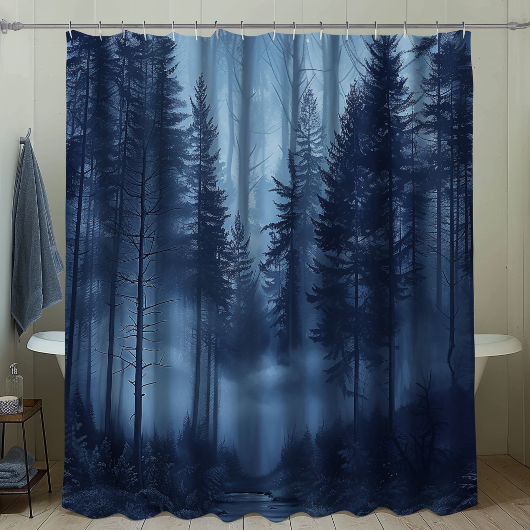 Transform Your Bathroom with Stunning Foggy Forest Shower Curtain Dark Blue Color Scheme Design