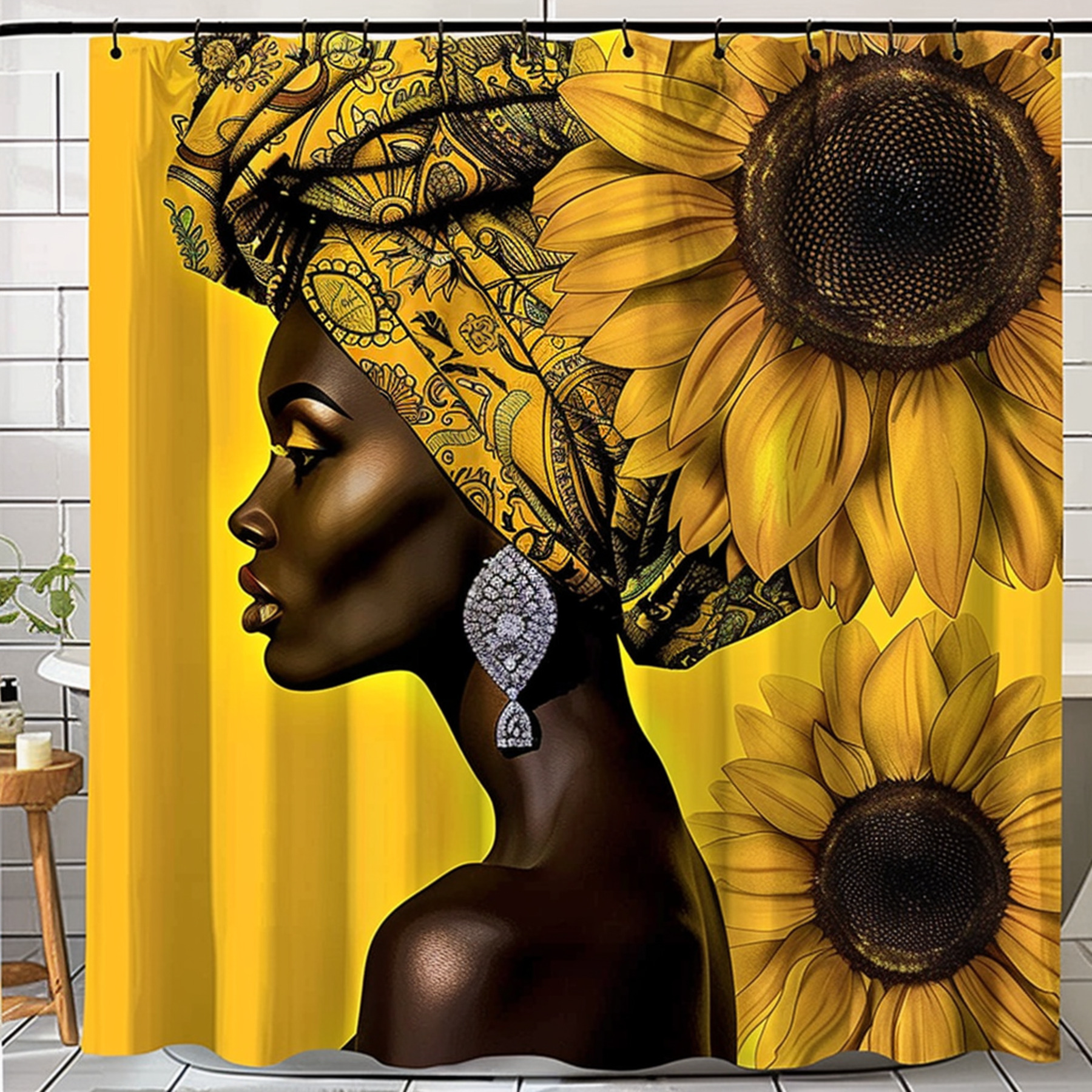 Transform Your Bathroom with our Vibrant Afro Sunflower Shower Curtain