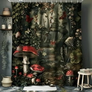 Transform your bathroom into a fairytale oasis with a detailed artistic shower curtain featuring mushrooms butterflies and plants in dark tones