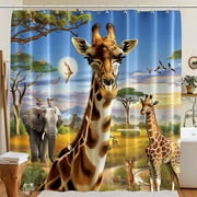 Transform your bathroom into an African oasis with our stunning oil painting style shower curtain featuring a cute giraffe family 🦒🌿🌞