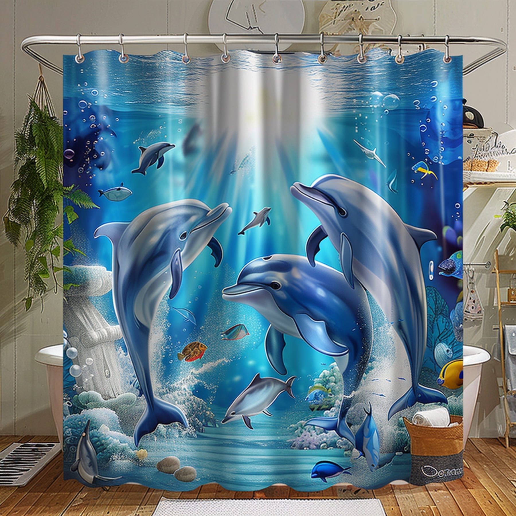 Transform your bathroom into an underwater paradise with our Dolphin Shower Curtain Unleash the