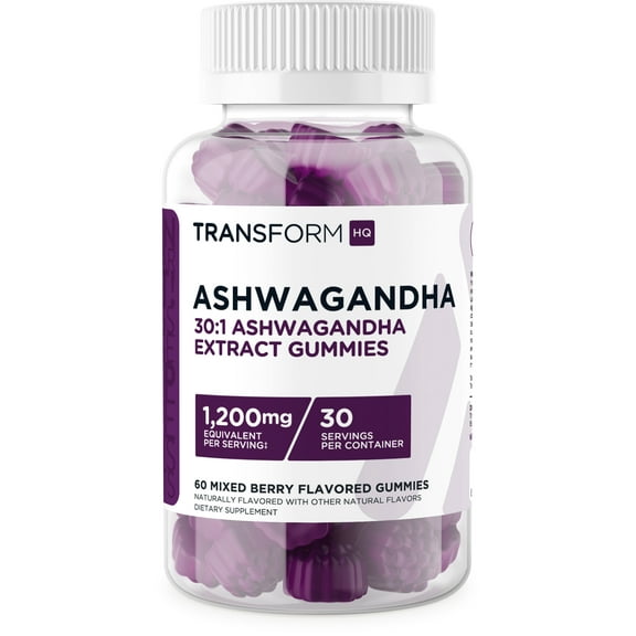 TransformHQ Ashwagandha Gummies 1,200mg, 60 Gummies - Ashwagandha Herbal Extract Supplement - 30 Servings, Gluten Free, Non-GMO