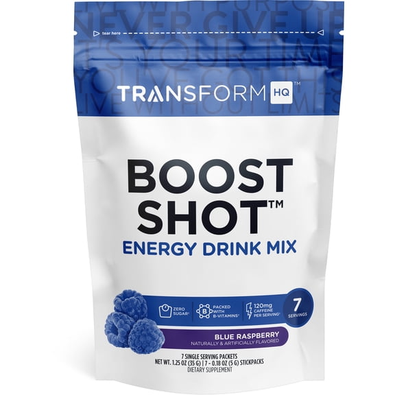 TransformHQ Boost Shot Powder Drink Stick Packets, Blue Raspberry, 7 Pack, Energy Supplements for Women & Men, with Caffeine, Vitamin B12, B9, B6 & B3