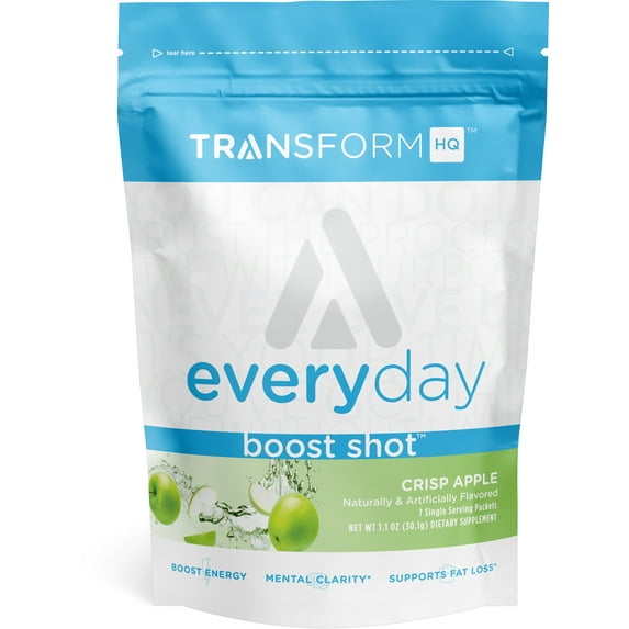 TransformHQ Boost Shot Powder Drink Stick Packets, Crisp Apple, 7 Pack, Energy Supplements for Women & Men, with Caffeine, Vitamin B12, B9, B6 & B3