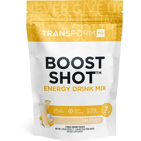 TransformHQ Boost Shot Powder Drink Stick Packets, Pina Colada, 7 Pack, Energy Supplements for Women & Men, with Caffeine, Vitamin B12, B9, B6 & B3