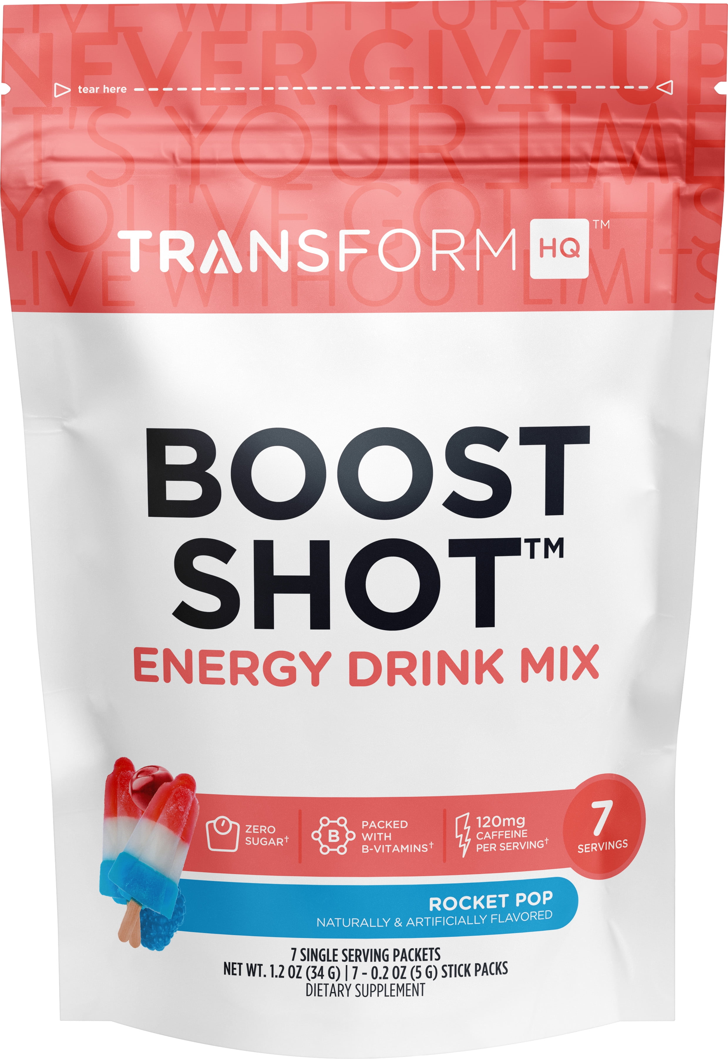 TransformHQ Boost Shot Powder Drink Stick Packets, Rocket Pop, 7