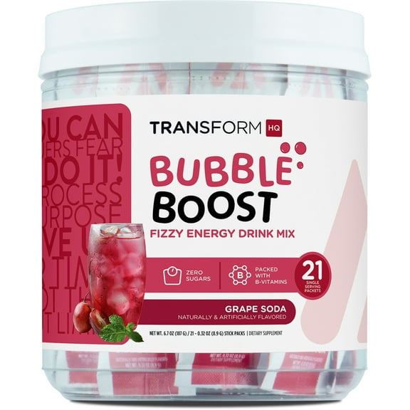 TransformHQ Bubble Boost Fizzy Energy Drink Mix (Grape Soda Flavored) 21 Packets - 120mg Caffeine Per Packet