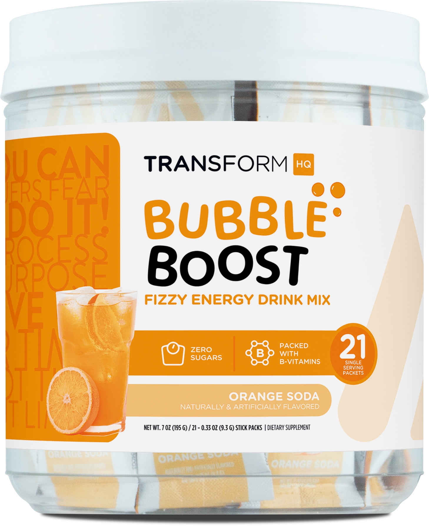 TransformHQ Bubble Boost Fizzy Energy Drink Mix (Orange Soda Flavored) 21 Packets - 120mg Caffeine Per Packet