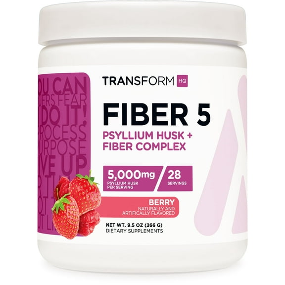 TransformHQ Fiber 5 (Berry Flavor) 28 Servings - Psyllium Husk + Fiber Complex Powder, 5,000mg Psyllium Husk per Serving