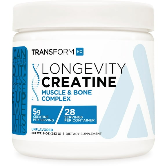 TransformHQ Healthy Aging Longevity Creatine Powder (28 Servings) Unflavored - Muscle & Bone Complex, 5g per Serving